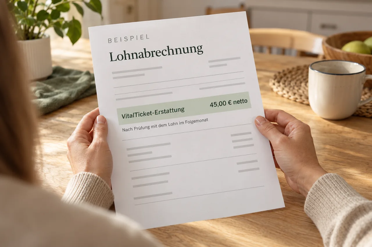 Eine beispielhafte Lohnabrechnung weist 45 Euro netto als VitalTicket-Erstattung aus