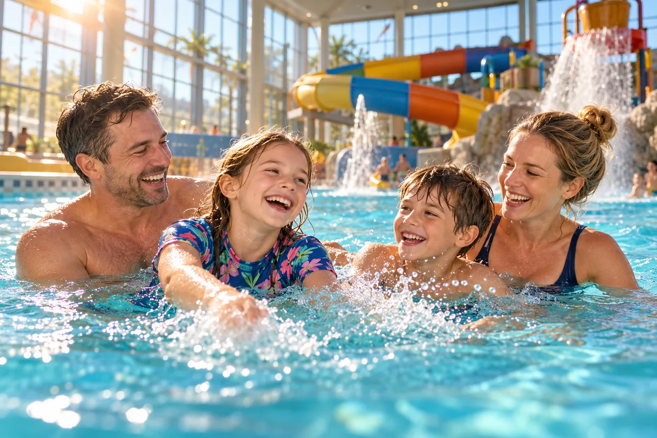 Eltern und ihre Kinder lachen beim gemeinsamen Badespaß im Freizeitbad