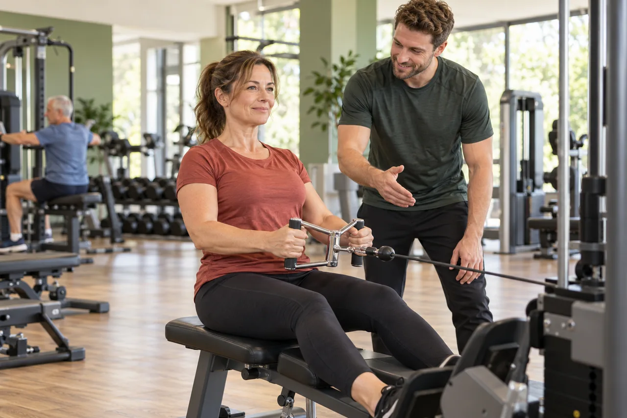 Eine Frau trainiert mit professioneller Anleitung im Fitnessclub
