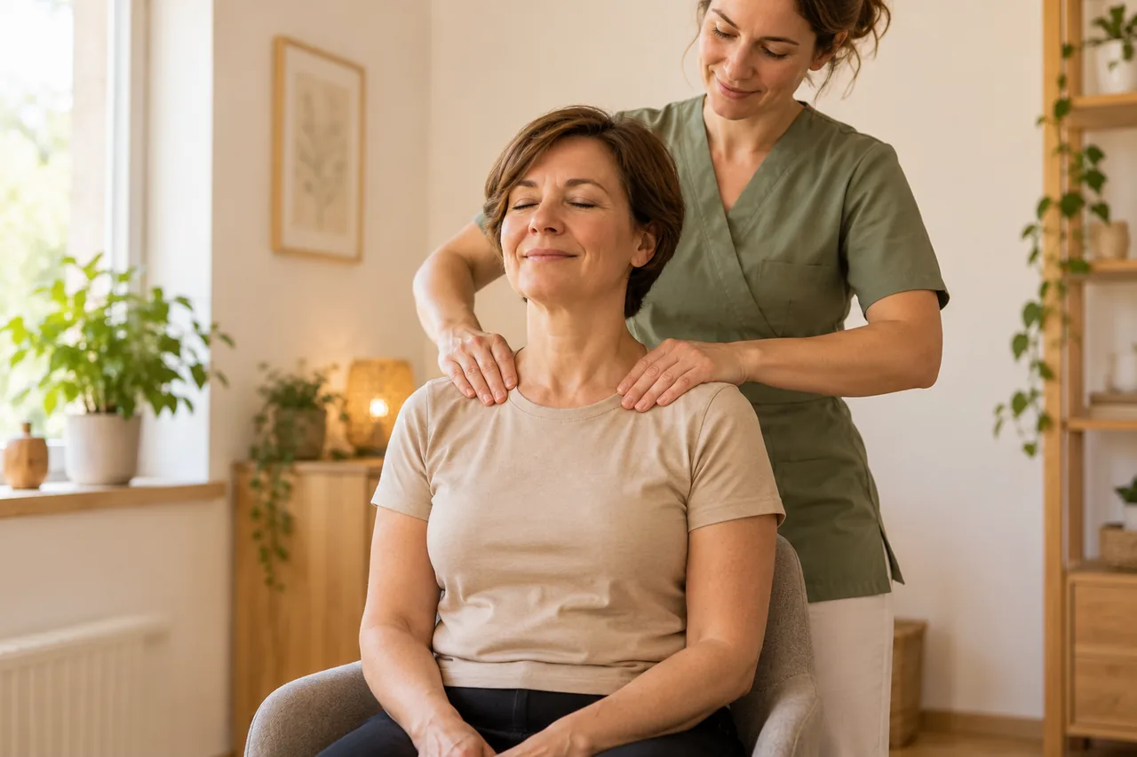 Eine Frau genießt eine professionelle Schultermassage