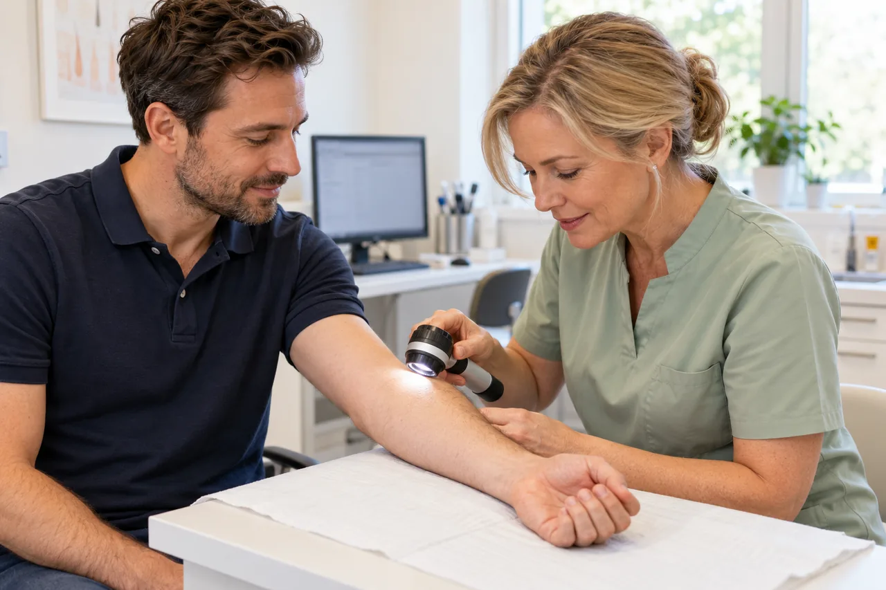 Eine medizinische Fachperson untersucht den Unterarm eines Patienten